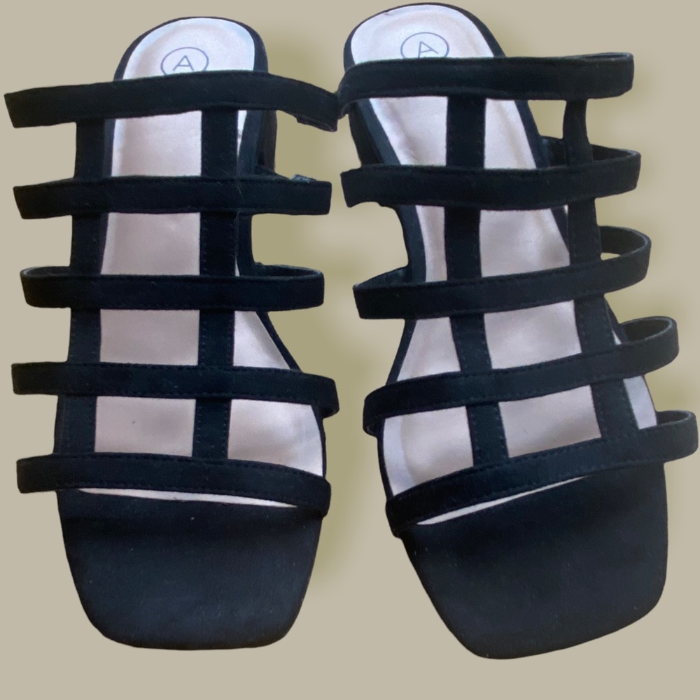 Addition Elle: 10W: Strappy Black Faux Suede Mule Sandals